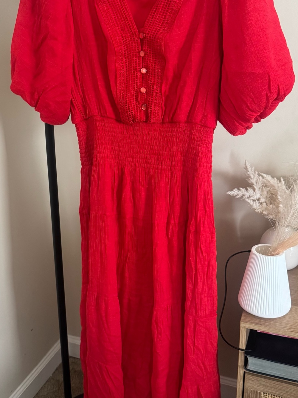 Women’s Red Smocked Waist Puff Sleeve Midi Dress